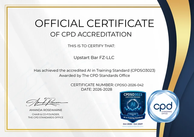 CPDSO3023 certificate of accreditation issued to Upstart Bar FZ-LLC, certificate number CPDSO-2026-042